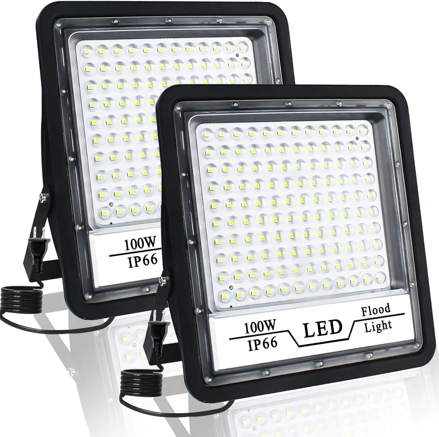 2 Pack 100W LED Flood Light Outdoor, 10000LM Bright LED Work Lights Plug in, IP66 Waterproof Exterior Floodlight, 6500K Security Light for Patio, Backyard, Lawn, Stadium, Playground