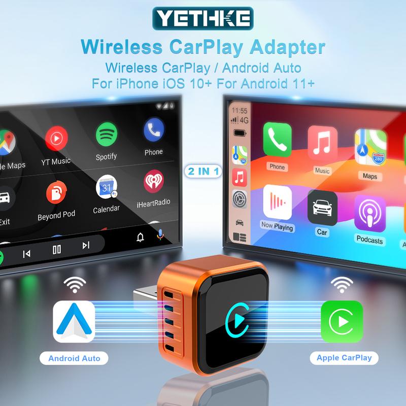 YETHKE 2026 Mini Wireless CarPlay Adapter Upgrade Wired to Wireless for CarPlay & Android Auto Plug and Play Fast Auto-Reconnect Stable Control Zero Delay Car Play for iPhone iOS 10+ Android 11+