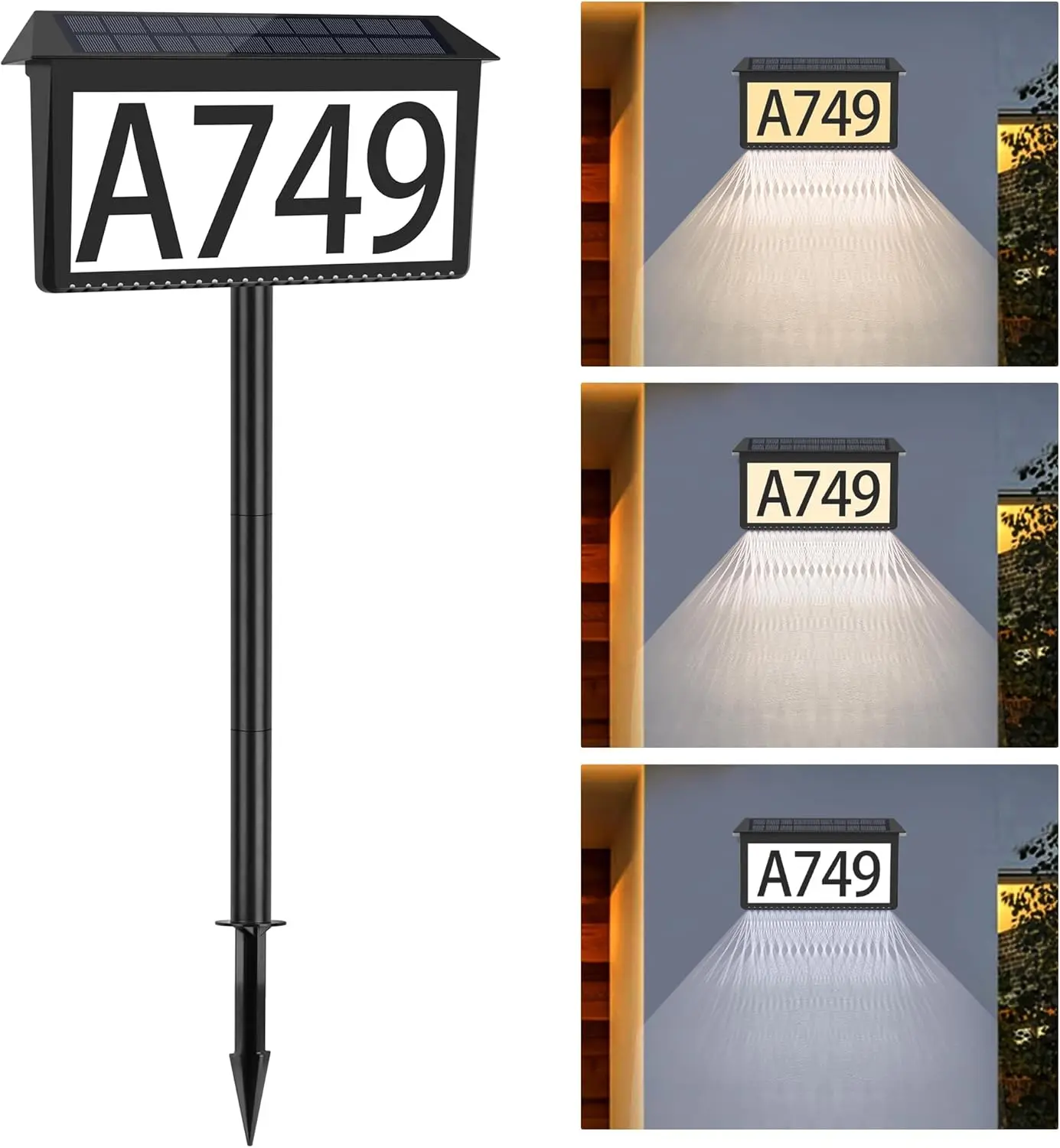 Solar Powered Address Sign House Numbers Waterproof, 3-Color Lighting Modes LED Illuminated Address Plaque with Stakes, Outdoor Address Number