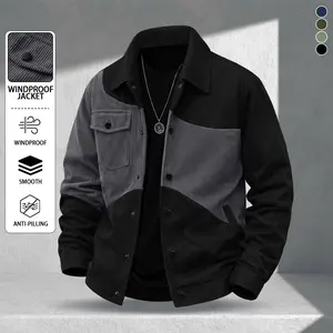 Men's Quilted Windbreaker Jacket with Contrast Panels - Polar Fleece + Smooth Fabric, Collared Button-Up Casual Coat, Anti-Pilling, Black & Gray Colorblock Design, Versatile Street Style