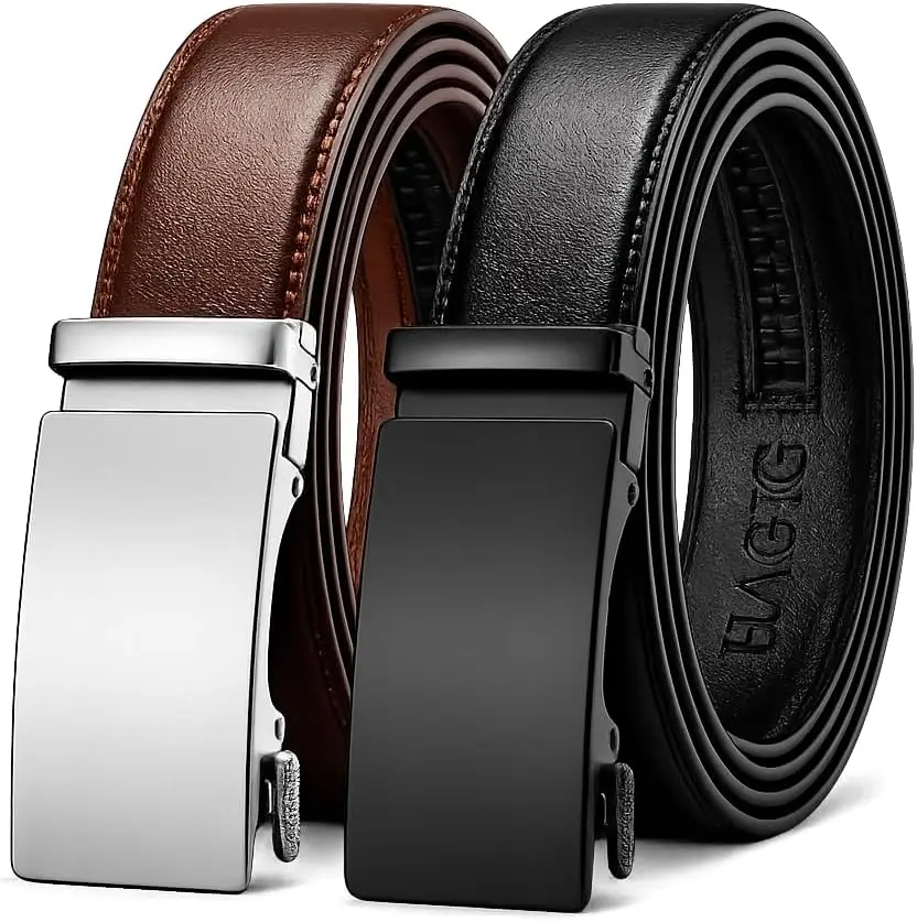 Ratchet Belts for Men 2 Pack Black & Brown Adjustable No Hole Automatic Buckle Leather Dress Belts Trim to Fit