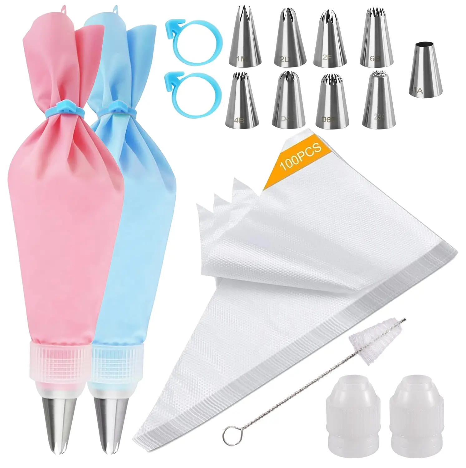 116Pcs Professional Icing Piping Bakeware Cake Decorating Kit - Set with 9 Stainless Steel Nozzles, 100 Disposable, 2 Silicone Pastry, 2 Couplers, Ties - Baking Tools for Cupcakes, Weddings