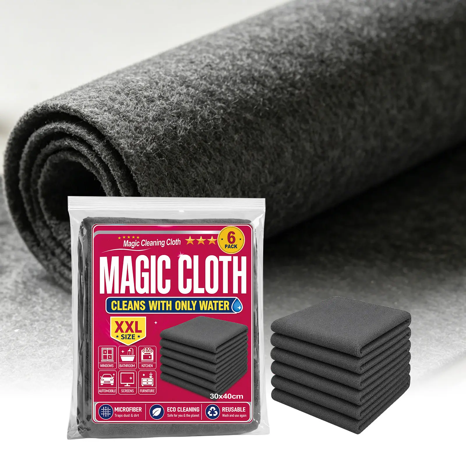 Magic Cleaning Cloth 6 Pack XXL - Cleans with Just Water, Reusable Microfiber Cleaning Cloths, Streak-Free for Kitchen, Car, Windows & More (30x40cm)