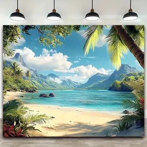 1pc Tropical Beach Scene Backdrop, Polyester Fabric, Palm Trees & Ocean View Wall Decor, Ideal for Outdoor Events & Home Decoration