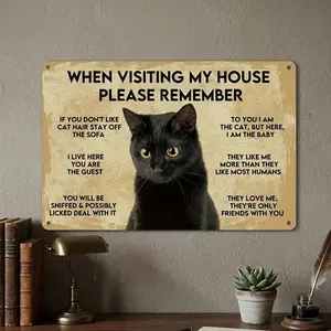 Black Cat Metal Wall Sign — Rules for Visiting My Home — 12×8 Inches, Exclusively for Cat Lovers