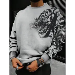Men’s Tiger Print Drop Shoulder Sweatshirt, Regular Fit Casual Long Sleeve Crewneck Pullover for Autumn & Winter, Fashionable Men’s Top for Everyday Wear
