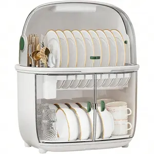 2 Tiers Dish Drying Rack Drain Board With Lid Cover, Kitchen Plate Cup Tray Cutlery Drainer, Transparent Magnetic Suction Doors Bowl Drying Rack Chopsticks Holder Dishes Organizer Tableware Cabinet Adjustable Baking Disposable Utensils White