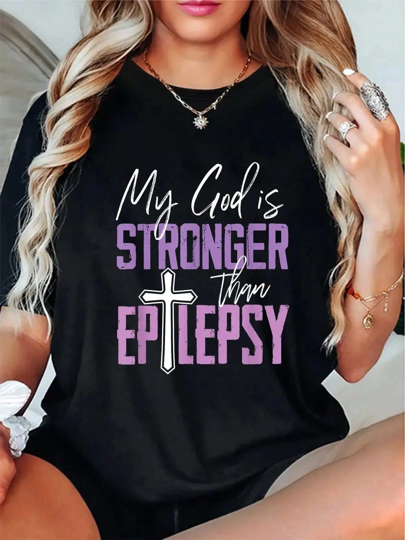 100% Cotton Epilepsy Awareness Ribbon My God Is Stronger Than Epilepsy T-Shirt Casual Short Sleeve Shirt
