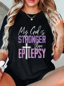 100% Cotton Epilepsy Awareness Ribbon My God Is Stronger Than Epilepsy T-Shirt Casual Short Sleeve Shirt