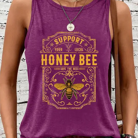 Women's Graphic Bee Casual Fashion Sleeveless Vest, Casual Round Neck Summer Top, Comfortable Breathable Daily Wear, Casual Everyday Top, Sizes S-Xxl