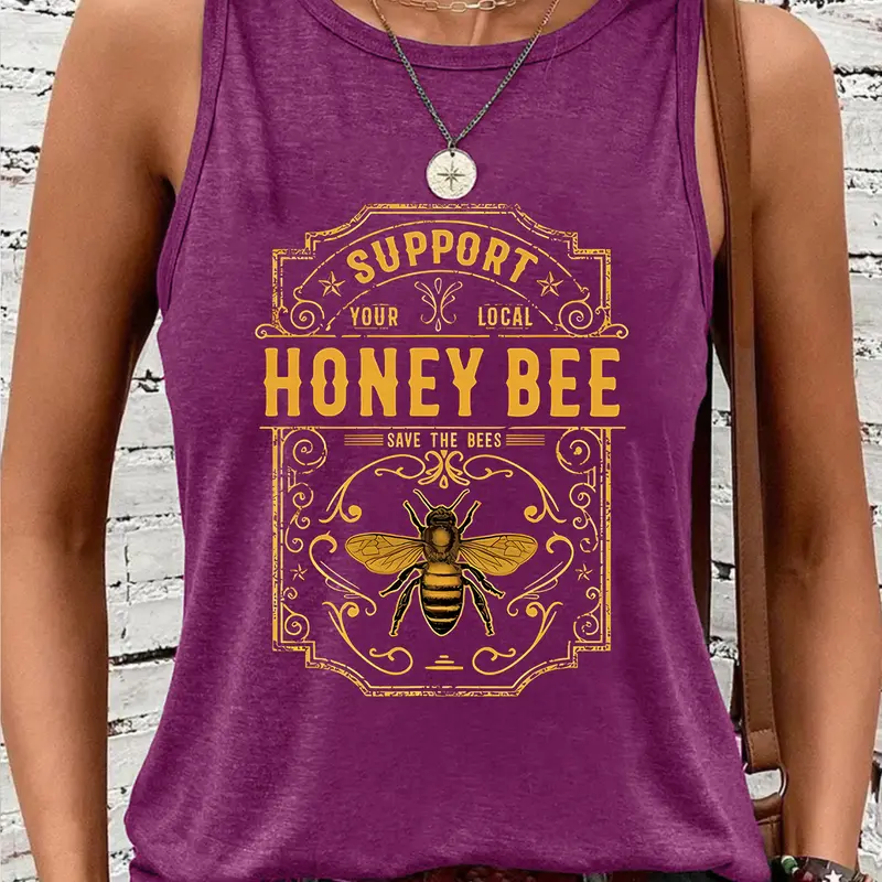 Women's Graphic Bee Casual Fashion Sleeveless Vest, Casual Round Neck Summer Top, Comfortable Breathable Daily Wear, Casual Everyday Top, Sizes S-Xxl