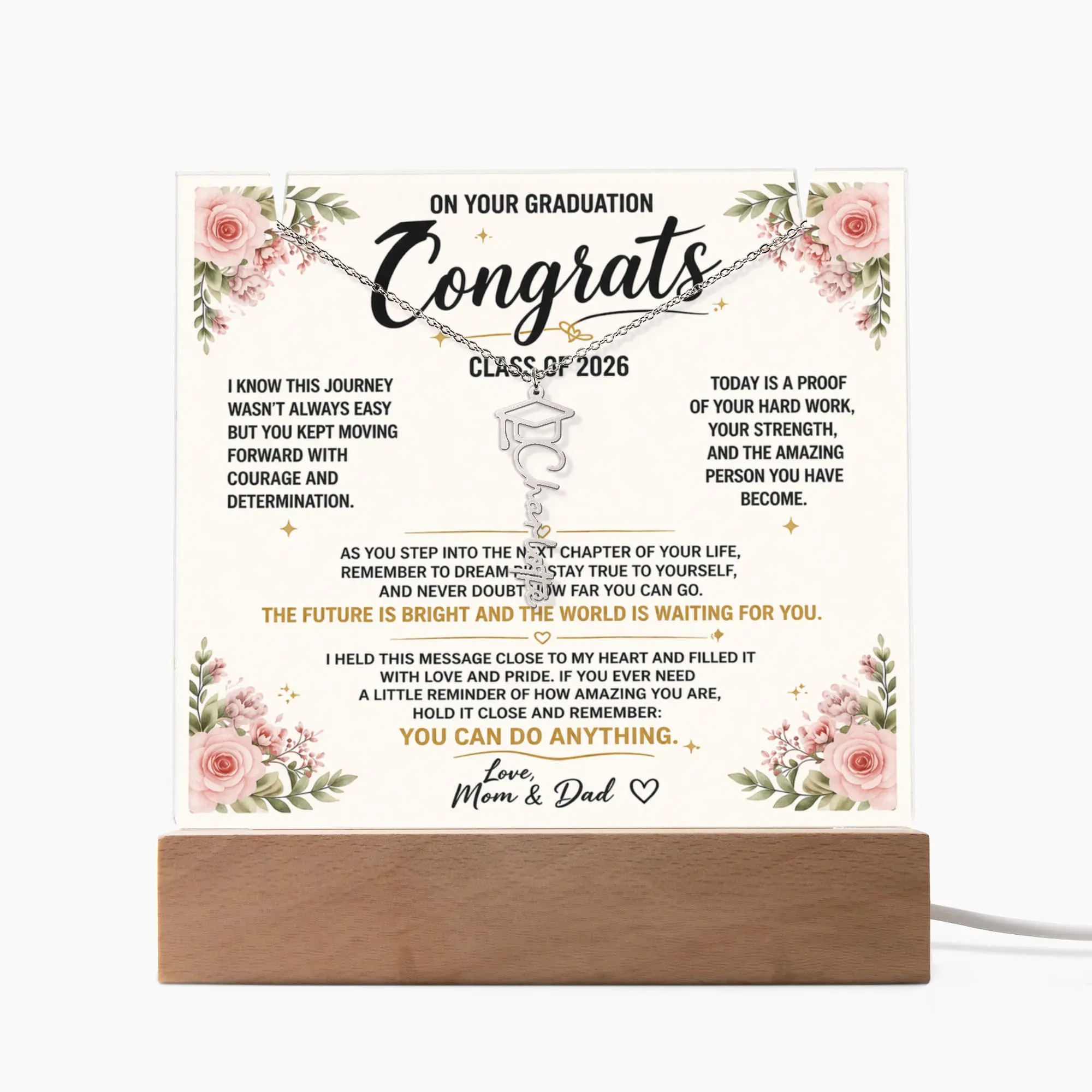 Class of 2026 Graduate Acrylic Glass Square Initial Necklace - Platinum-Carat Gold Jewelry Accessory, Elegant Family Keepsake Bundle with LED Lights, Printable Wood & Stainless Steel Accents, Initial Necklaces
