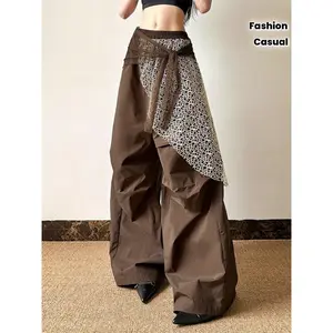 Women'S 2025 TikTok Viral Streetwear Pleated Two-in-One Drop Crotch Trousers - Y2K Cyberpunk Baggy Jeans with Raw Hem & Distressed Wash, Wide Leg Lounge Pants for Spring/Summer Casual Outfits, Layered Outfits & Casual Attire (No Visible Underwear Line) -