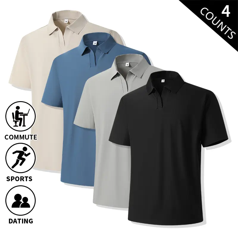 4-Pack Men’s Solid Collared Polo Shirts – Ice Silk, Breathable, Short Sleeve, Wrinkle-Free, Quick-Dry, Lightweight; Golf Athletic Tops, Casual Office/Commute, Sports & Dating; Basic Shirts for Summer