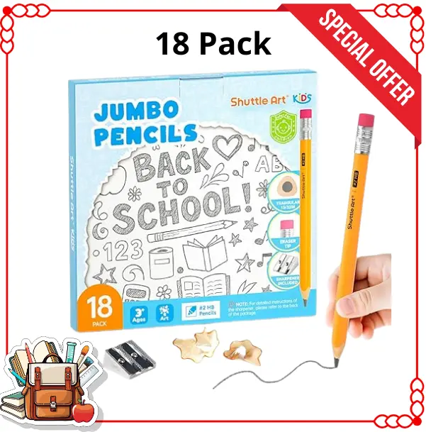 18 Pack Jumbo Triangular HB No. 2 Pencils with Erasers & Sharpener, Pre-Sharpened Easy Grip Pencils for Preschool, Kindergarten & Early Learning