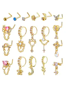 Women's Swinging Earrings Set, 20g Golden L-Shaped Swing Nose Studs, Cz Indian Piercing Jewelry, Copper Chain, Metal Plated Gold, Gems For Piercings