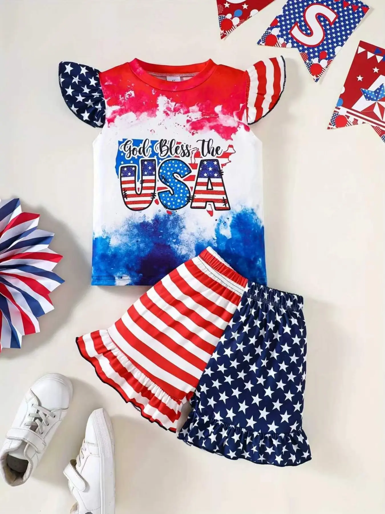 Girls Independence Day Two-Piece Set, Summer Outfits Set, Clothes Kids, Usa Letter Print Top, Striped Star Pattern Shorts, Outdoor, Kids Fashion