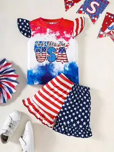 Girls Independence Day Two-Piece Set, Summer Outfits Set, Usa Letter Print Top, Striped Star Pattern Shorts, Outdoor, Kids Fashion