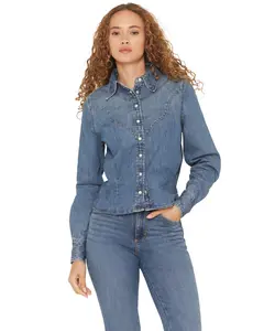 Wrangler Women's Medium Wash Peplum Long Sleeve Snap Denim Shirt - 112373088