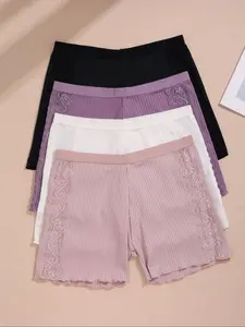 Women's High-Waisted Lace Patchwork Briefs, Feminine Solid Breathable Ribbed Knit Underwear Set, Casual Fitted Panties for All Seasons