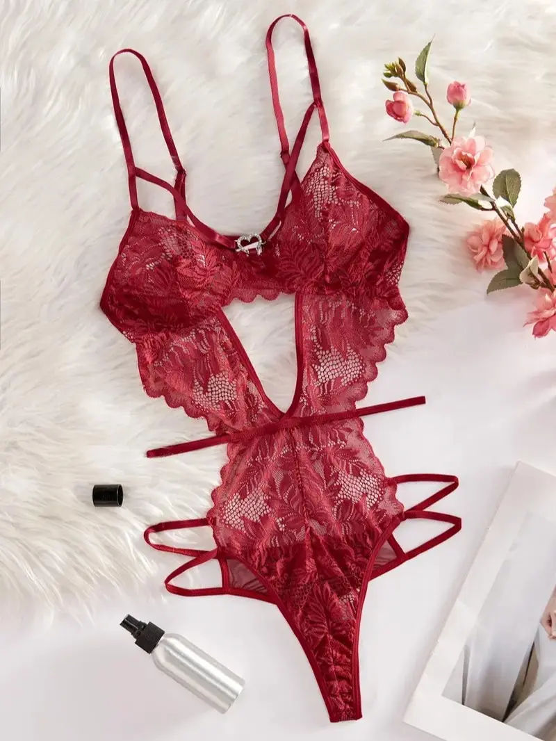 Women's Solid Cut Out Sheer Lace Lingerie Bodysuit, Soft Supportive Lingerie, Fashion Comfy Sexy Breathable Push Up Bodysuit for Daily Wear, Women Sexy Lingeries for All Seasons, Lingerie Lace Nightwear, Underwear