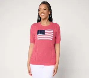 Joan Rivers 100% Cotton Cable Knit Elbow Sleeve Flag Sweater Joan Rivers 100% Cotton Cable Knit Elbow Sleeve Flag Sweater