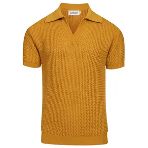 Men'S Khaki Retro Casual V-Neck Knitted Polo Shirt OXKNIT