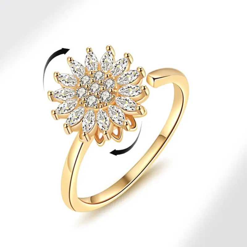 Fidget Ring Sunflower Ring for Women Gold Anxiety Crystal Rings Cubic Zirconia Sunflower Ring Open Adjustable Fidget Ring Spinner Sun Ring for Men Trendy Jewelry