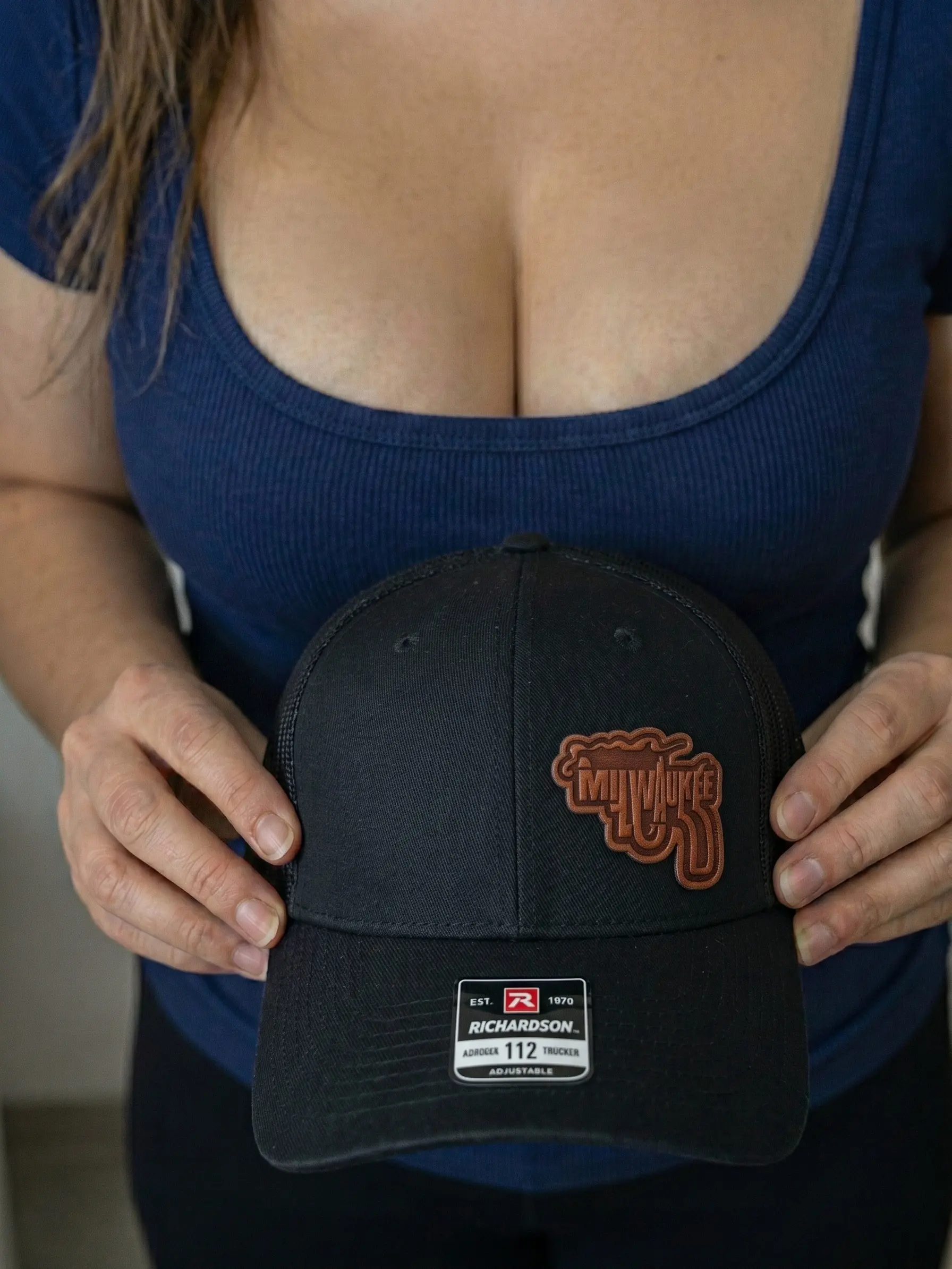 [Hat Patch] Milwaukee Tool Gun Style Leather Patch Trucker Hat - Richardson 112 Mesh Back Snapback - Unique Tactical Design Baseball Cap for Men - Badass Tradesman Apparel - High Quality Laser Engraved Rustic Headwear for Job Site and Outdoor Life
