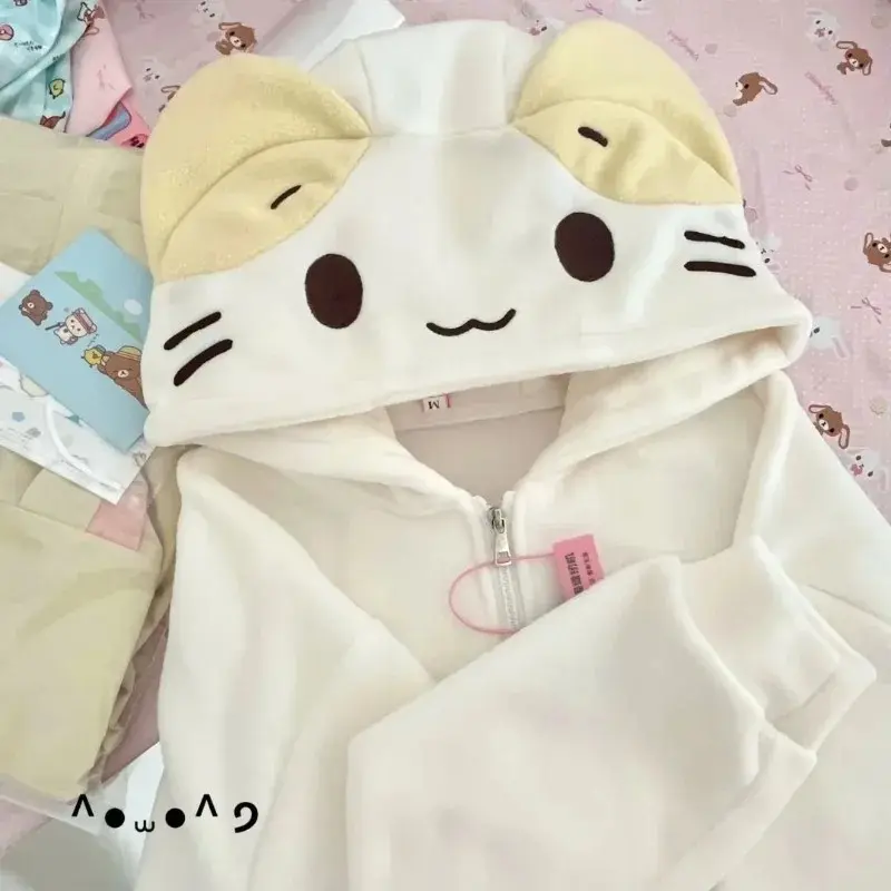 Kawaii 3D Cat Ear Hooded Zip Up Jacket, Cute Cartoon Face Embroidery Loose White Sweatshirt Coat