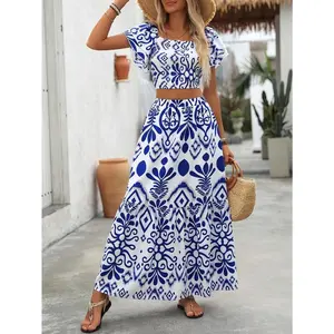 Women's Tropical Print Elegant Skirt Set - Round Neck Ruffle Hem Crop Top & High-Waisted Maxi Skirt, Polyester, Machine Washable, Perfect for Spring/Summer, Two Piece Skirt Set