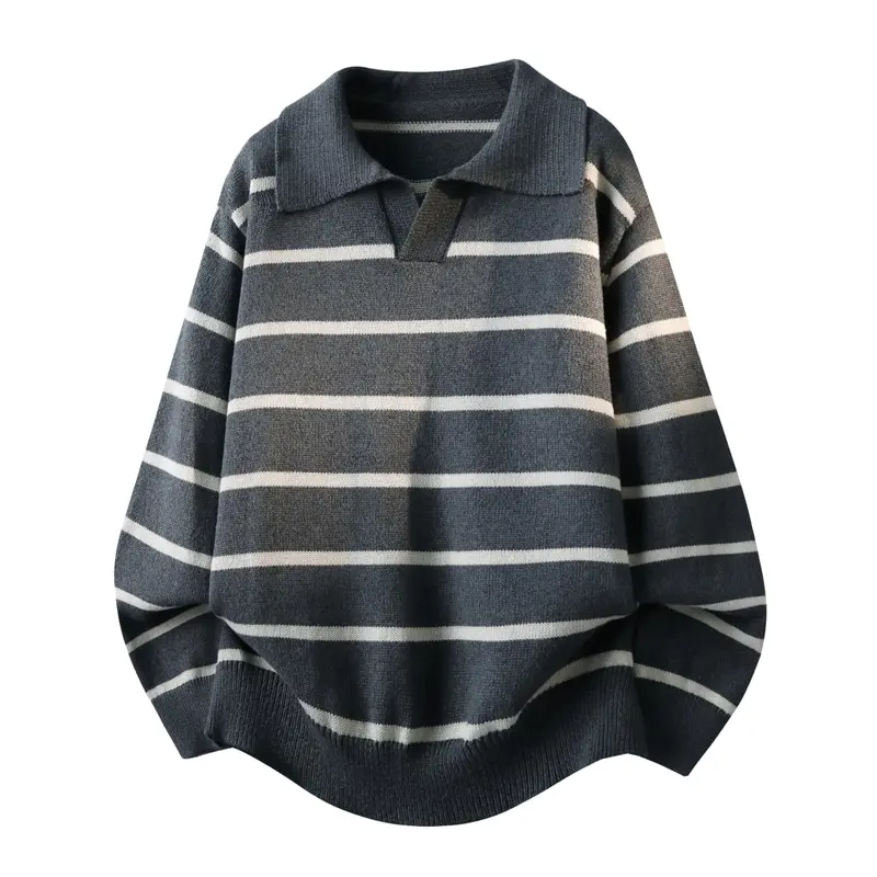 Men's Polo Collar Striped Knit Sweater, Loose Oversized V Notch Pullover, Fall Winter Casual Warm Jumper