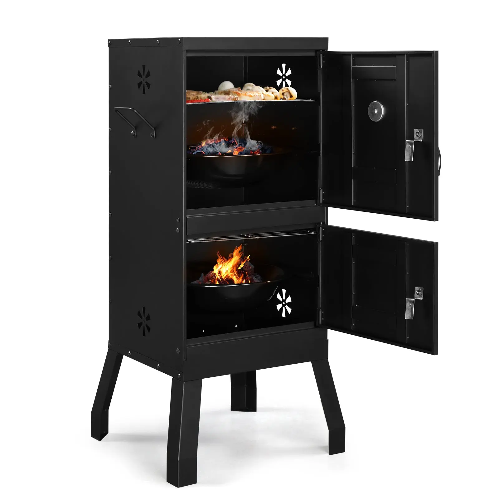 HAOYYE Outdoor Vertical Charcoal Smoker with Double Doors and Built-in Thermometer, 2 Detachable Smoking Racks, Charcoal and Water Pans, 4 Adjustable Air Vents, Heavy Duty Smoker for Backyard Barbecue Camping and Grilling