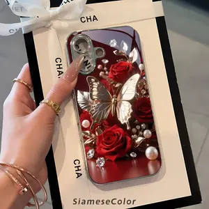 Metal Butterfly Red Rose TPU Smartphone Casing - Shockproof, Anti-Skid Grip, Waterproof, Lightweight Protective Fashion Accessory for iPhone 16 Pro Max,15,14 PLUS,13,12,11, Accessories
