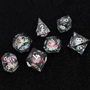 7-Piece Resin Liquid Quicksand Polyhedral Dice Set with Dragon Dungeon Skull & Plum Blossom Designs Sharp Edge Multi-Sided for Dungeons & Dragons COC RPG Cthulhu Tabletop Game