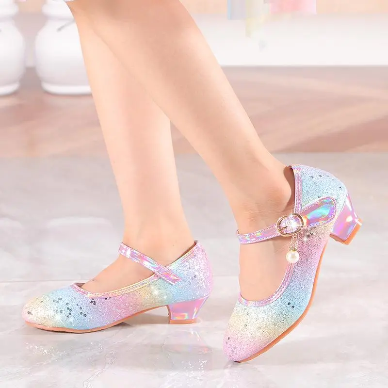 Girls' 2024 New Sparkling Sequined Rainbow High Heels - Toddler Sizes, Performance Footwear for Kids' Fashion Events