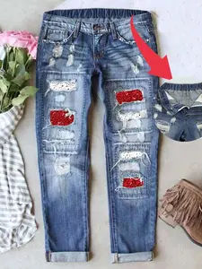 Women's Patch Ripped Distressed Mid-Waist Boyfriend Fit Washed Cute Print Loose Denim Jeans Elastic Waistband Breathable Comfy for All Seasons