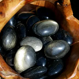 ONE Gold Sheen Obsidian Crystal Palm Stone, Flashy Healing Crystals