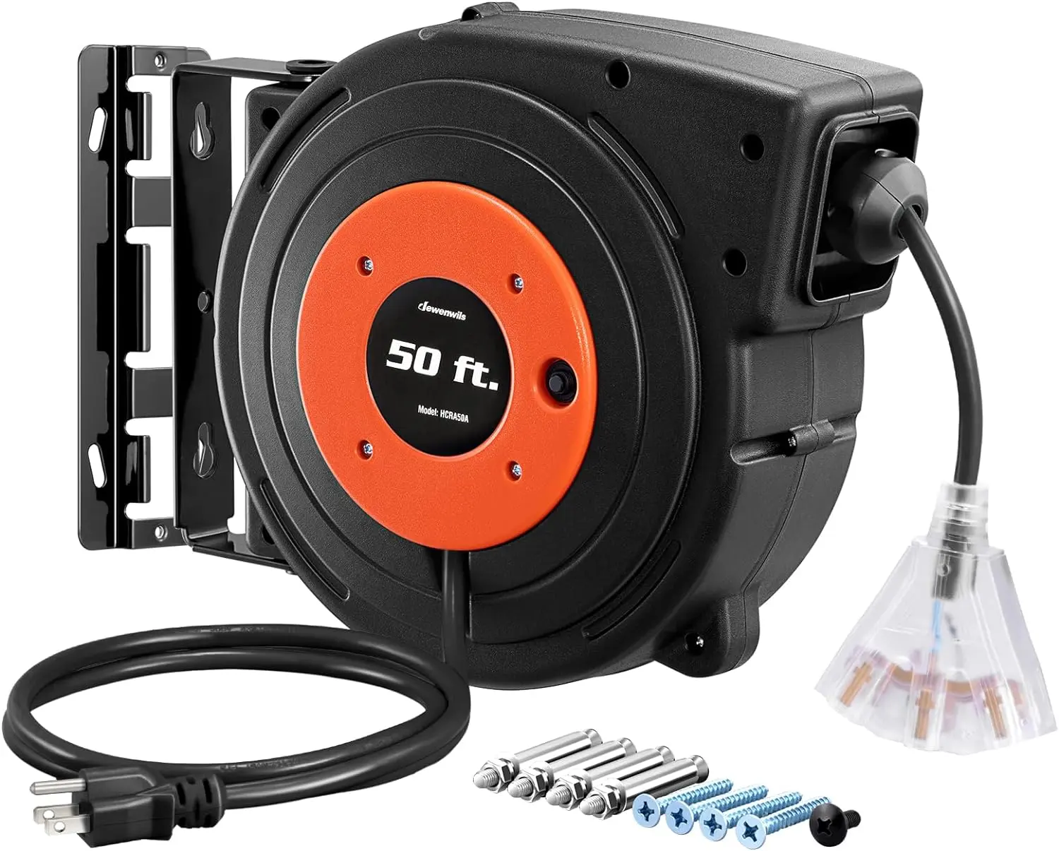 DEWENWILS Retractable Extension Cord Reel, 50 FT Heavy Duty 14AWG/3C SJTOW Power Cable for Garage, Wall/Ceiling Mountable Wire Management with 3 Lighted Outlets & 13A Circuit Breaker