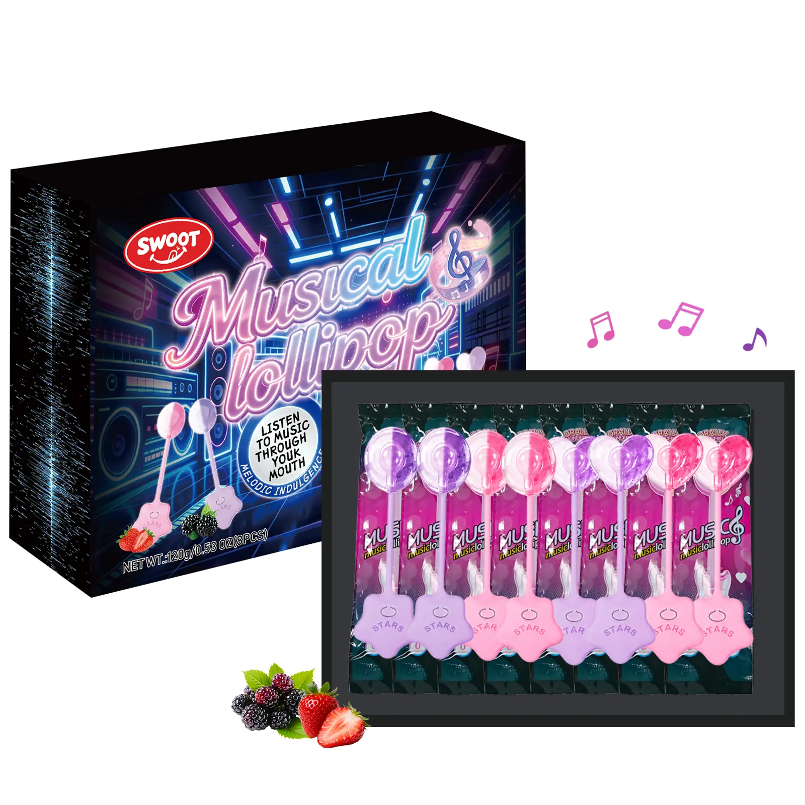 SWOOT Music Lollipop Candy Suckers – TastySounds Audio Hip Hop Singing Lollipop, Assorted Fruit Flavors, Sugar-Free, Low-Calorie Snack, 8-Pack Gift Box