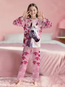 "Prince Charming in Cherry Blossoms" 2-piece girls' digital printed long-sleeve pajamas with long sleep pants, made of flame-retardant fabric. This stylish, trendy, casual, comfortable and soft pajama set is suitable for sleeping and home leisure. Made of