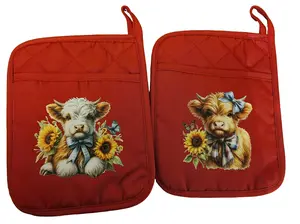 Red Highland Pot Holders Heat Resistant with Adorable Cow and Sunflower Design for Kitchen Safety Highland Style Pot Holders Ideal for Hot Pots and Pans - Bakeware