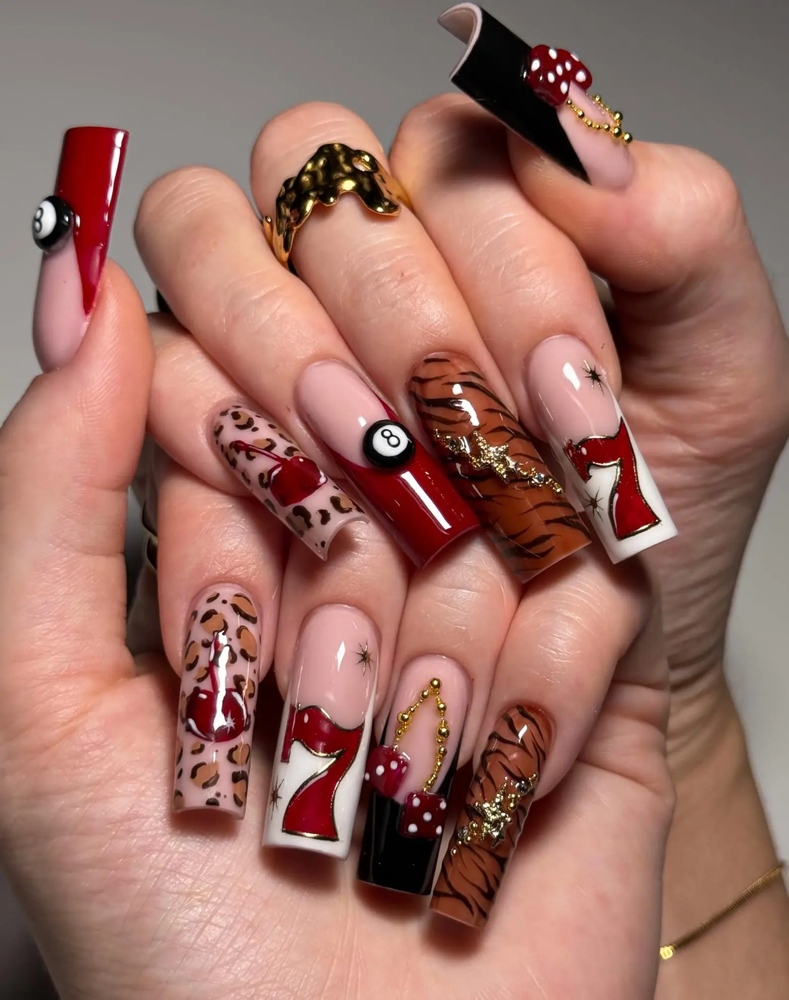 Casino Press On Nails | Dice, 8 Ball & Leopard Print Nails | Red Black Y2K Nail Set