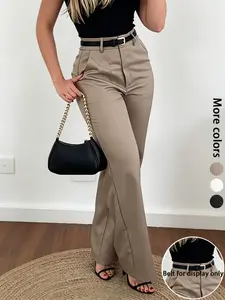 Women's Elegant Plain Long Pants, Zipper Fly Design, High Waist, Loose-Fit, Casual Straight Leg, Business Casual, No Belt Needed, Womenswear