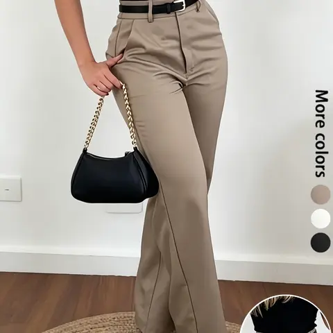 Women's Elegant Business Casual Plain Long Pants, Business Casual Trousers, Zipper Fly Design, High Waist Loose-Fit Straight Leg Pants, Womenswear, Bottom, No Belt Needed, Business Casual Bottoms