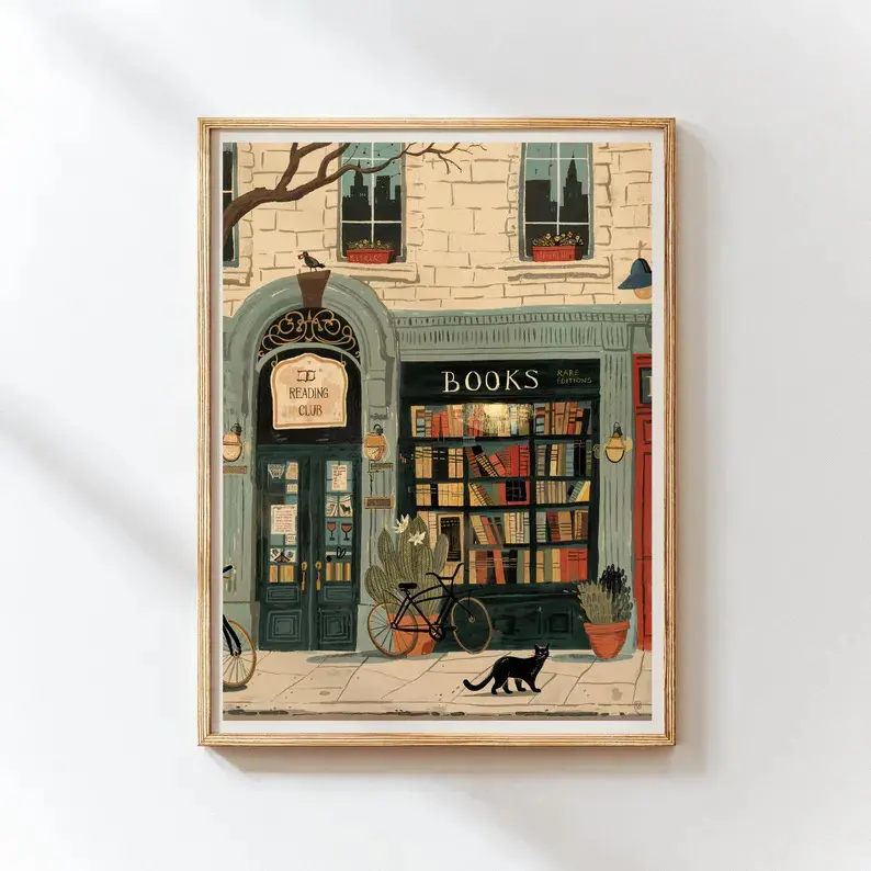 Cozy Houndstooth Woody Bookstore Art Print - Wood Frame-Style Wall Piece, Aesthetic Wall Decor, Vintage Literary Illustration, Artistic Library Accent, Home Decoration Gift for Book Lovers