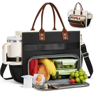 Insulated Lunch Bag, Large Capacity Tote with Lunch Compartment, Laptop Bag with Cup Holder, Work Bags for Women, Nurse Lunch Tote for Office, Picnic, 15.6 Inch Black-Beige-Brown