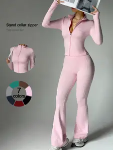 2 Piece Set Women's Activewear Set Full Zipper Stand Collar Jacket Long Sleeve with Thumbholes High-Waisted Tummy Control and Butt Lifting Flared Pants Slim Fit and Slimming Yoga Gym Running Casual and Versatile New Sportswear for Daily Wear