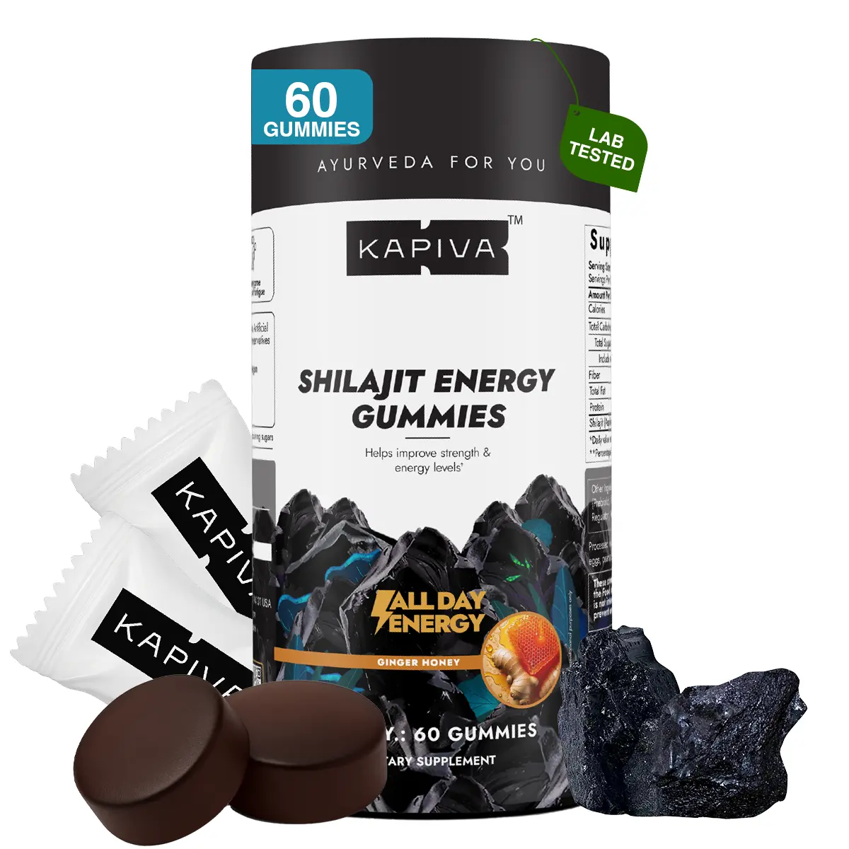 Kapiva Organic Shilajit Chewable Gummies - 450mg Per Gummy, 60 Count, Vegan Healthcare Dietary Supplement, Natural Energy & Stamina Support, Metabolism, Muscle & Bone Health Aid, Fulvic Acid, 80+ Minerals, No Added Sugar