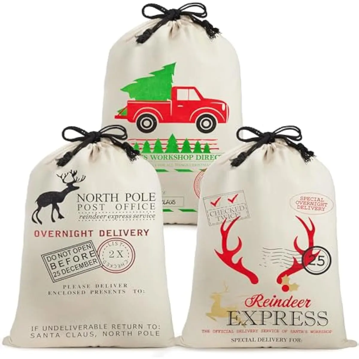 JOYIN 3 PCS Christmas Santa Burlap Sack 26" x 19", Large Canvas Drawstring Personalized Gift Bag with Reusable Cloth Pouch for Xmas Presents Package, Party Supplies, Party Favor Decorations